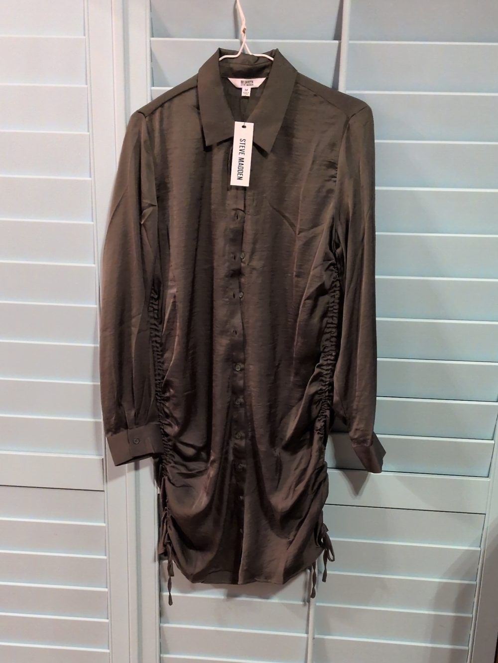 Steve Madden Olive Satin Ruched Button-Front Shirt Dress